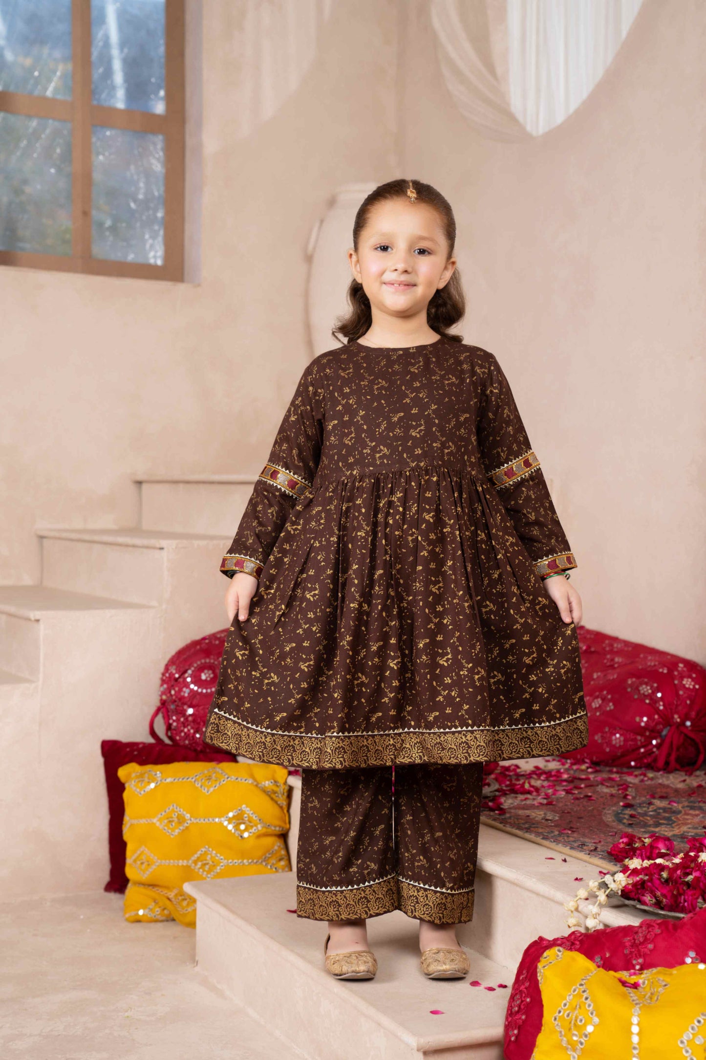 Chocolate - 2 piece - Printed Embroidered Suit