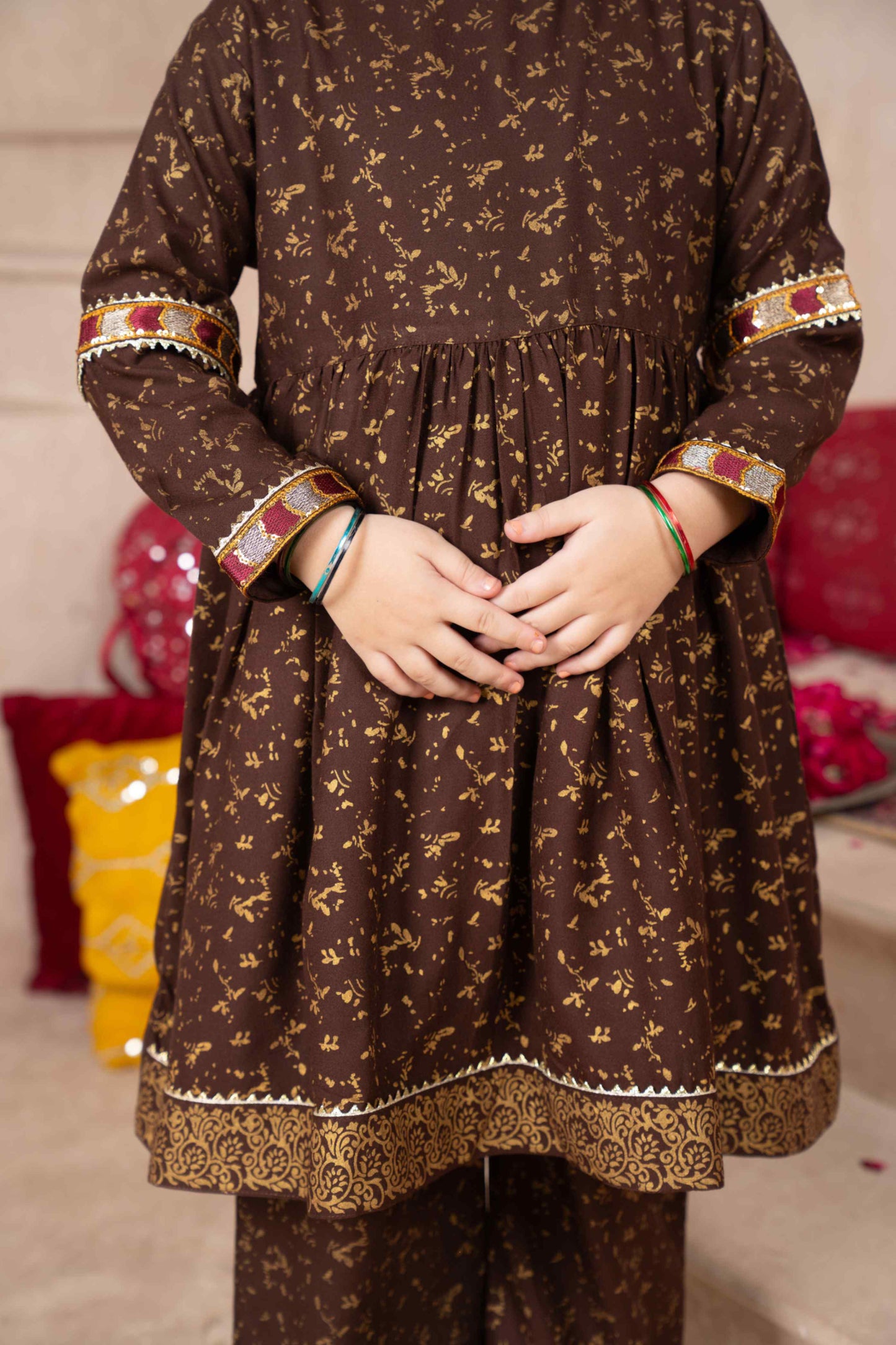 Chocolate - 2 piece - Printed Embroidered Suit